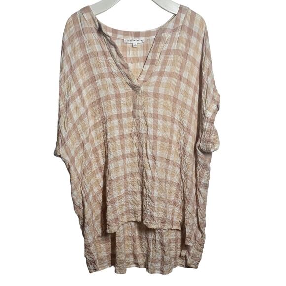 Jane & Delancey Top Women 1X Plus Size Neutral Pop Over Blouse Relaxed Fit Plaid - Picture 1 of 7